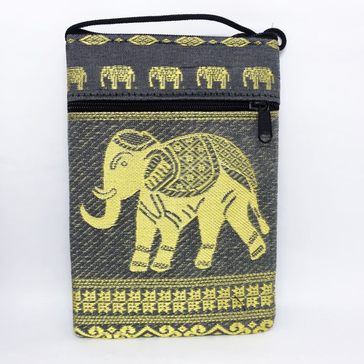 กระเป๋าสะพายข้าง-พาสปอร์ต-ผ้าทอเลื่อมทองลายรูปช้างบ้าน-ช้างป่า-กระเป๋าซิป-2-ช่อง-งานฝีมือของชาวเขา-สไตล์วินเทจ
