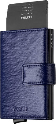 VULKIT Pop Up Wallet, Genuine Leather Automatic Credit Card Holder Wallet RFID Blocking Bifold Pocket Wallet with Banknote Slot for Women Men Navy