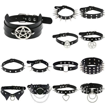 ▣ 2022 Black Necklace Vintage Charm Gothic Spike Rivet Collar Pendant Leather Pentagram Harajuku Women Punk Choker Necklace
