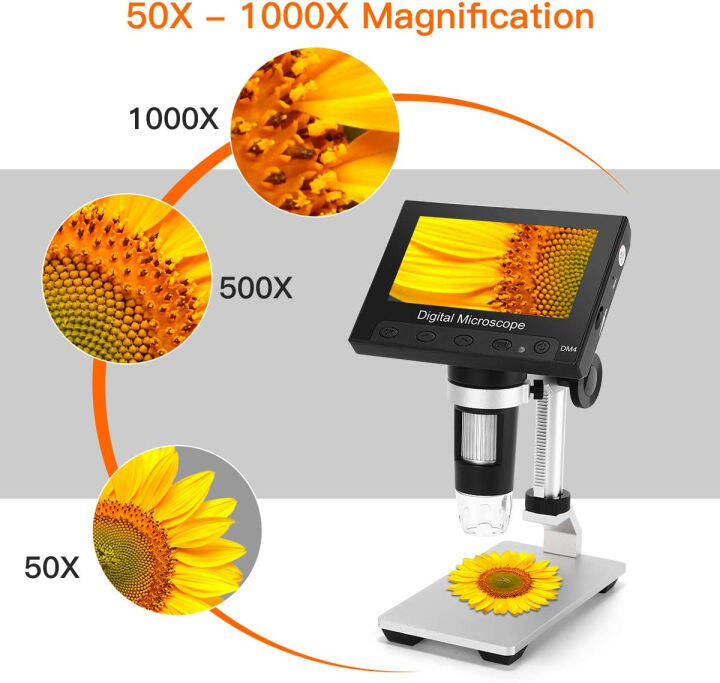 tomlov-dm4-coin-microscope-1000x-4-3-inch-lcd-digital-microscope-with-metal-stand-8-leds-photo-video-capture-for-adult-kids-observing-coin-plant-rocks-pcb-windows-compatible-sd-card-included