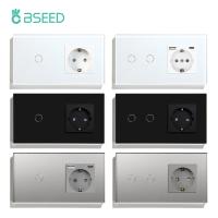 ⊕ BSEED Touch Switch 1Gang 2Gang 3Gang EU Standard Wall Switches Socket With 3 Colors 300W Crystal Glass Panel Touch Switch 157MM