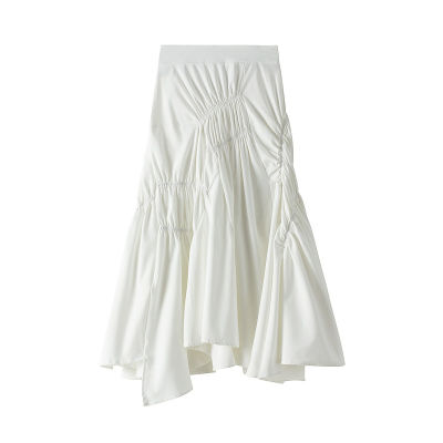 Kuzuwata Fashion Elegant Temperament A-line Skirt Spring Summer Solid Chic Pleated Jupe  New Ins Mid Length Women Skirts