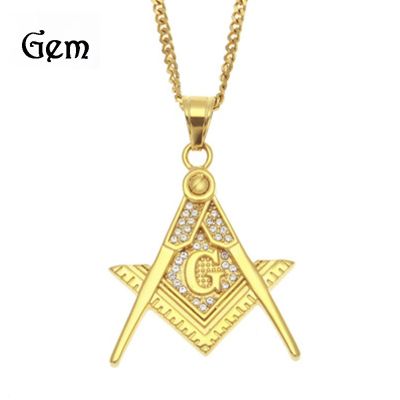 [COD] European and cross-border HIPHOP stainless steel real gold electroplating rhinestone Masonic pendant necklace hip-hop