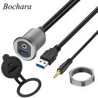 Bochara Flush Mount Panel Dashboard 3.5mm Jack USB 3.0 Male to Female Extension Cable Aluminum Alloy Shell with indicator light