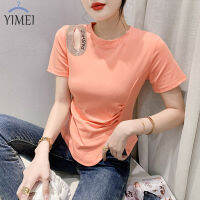 YIMEI เสื้อยืดแวววาวสวยสำหรับผู้หญิงในฤดูร้อน2023ดีไซน์เฉพาะกลุ่มพร้อมตัวอักษรติดเพชรที่เอวและเสื้อแยกสำหรับเข้ารูปพอดีเสื้อคอตตอนกระชับสัดส่วนของผู้หญิง