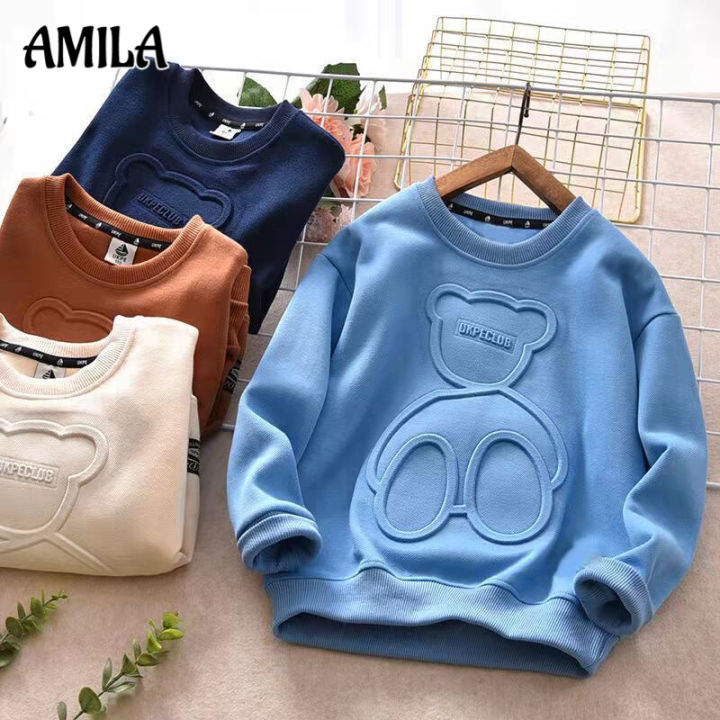 amila-เสื้อสเวตเตอร์เด็กผู้ชาย-หมี-เสื้อเด็กผู้ชายแบบใหม่เสื้อพิมพ์ลายแขนยาวทรงหลวมสไตล์ตะวันตกเสื้อเด็กผู้ชายลายการ์ตูนหมี