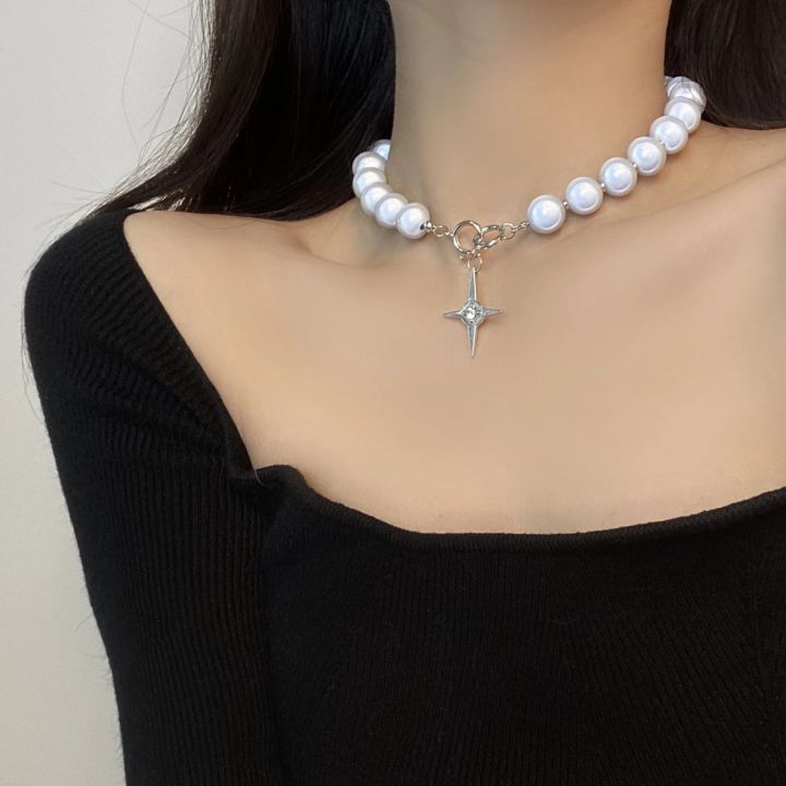 2021-korea-unique-design-luminous-beads-pearl-stitching-necklace-choker-cross-pendant-clavicle-chain-fashion-sweet-party-jewelry