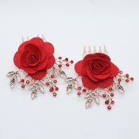 【CC】 1 pair red flower bridal wedding hair comb crystal leaf bridesmaid combs for women girls accessories