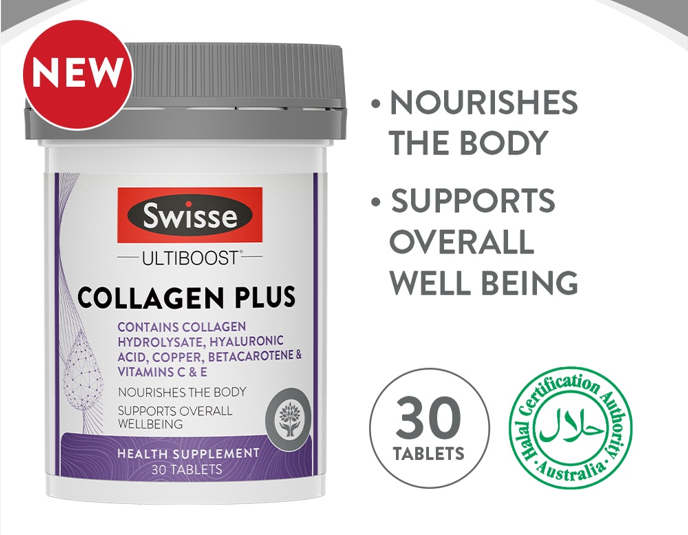 SWISSE ULTIBOOST COLLAGEN PLUS TABLETS 30`S 🎀COLLAGEN PEPTIDES + HA