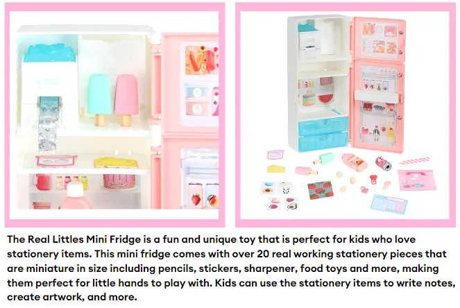 Real Littles fridge desktop caddies, plushie mini backpack and