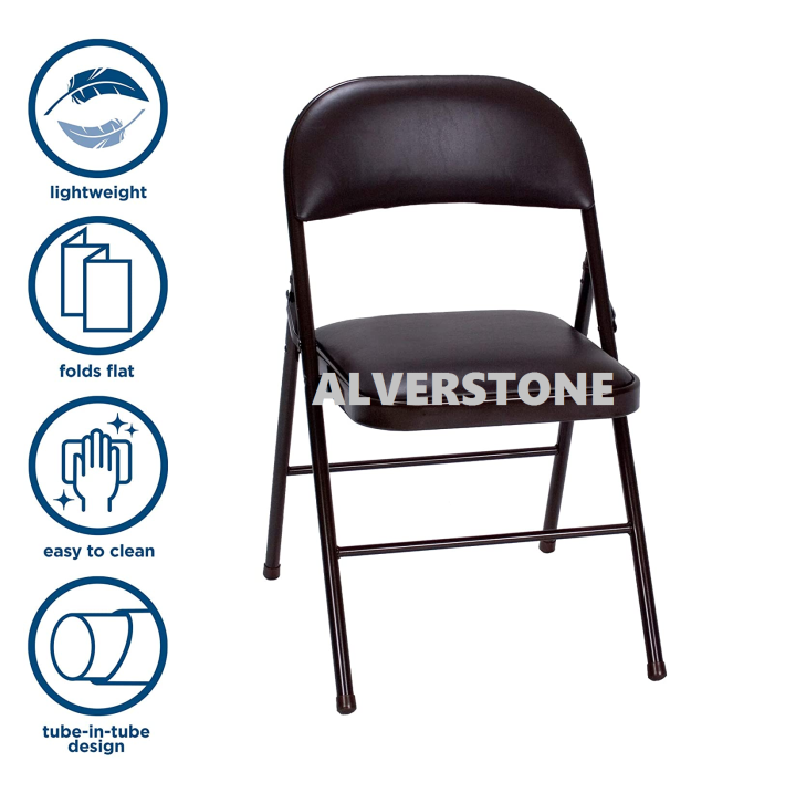 Alverstone Foldable Chair, Black Leather, Steel Legs, Folding Chair