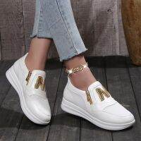 Fashion Ladies Sneakers Zipper Leather Round Toe Breathable Tennis Wedge Loafers Casual Small White Shoes Luxury Vulcanized Shoe