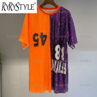 RYRYSTYLE กระโปรงเสื้อยืดปักเลื่อมใหม่ชุดเดรสการแสดงบนเวทีทรงหลวมสีแดงดิจิตอลสีม่วงสีส้มสีตัดกัน