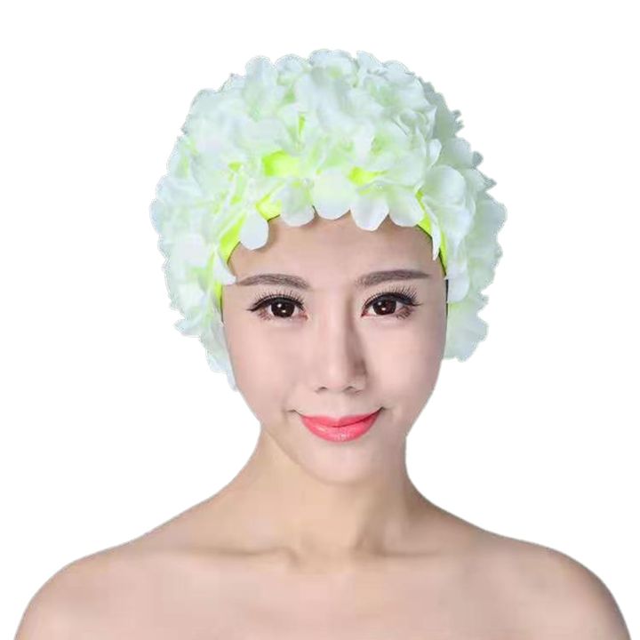หมวกอาบน้ำว่ายน้ำผู้หญิงลายดอกไม้3D ทำมือระบายอากาศได้ดีหมวกดำน้ำผมยาวนุ่มเครื่องป้องกันหูอุปกรณ์สระว่ายน้ำ