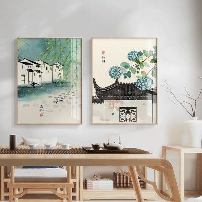 สถาปัตยกรรมจีนสีน้ำ Canvas Art ภาพวาด Nordic ภูมิทัศน์โปสเตอร์พิมพ์ภาพผนังญี่ปุ่นเกาหลีตกแต่งบ้าน