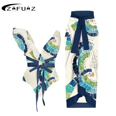 ZAFUAZ One-Piece Swimsuits 2023 Woman Vintage Print Deep V บิกินี่ กิโมโน แฟชั่น Cover-Up Swimwear ฤดูร้อน Beach Wear▁