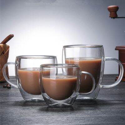 【High-end cups】แก้วกาแฟคู่พร้อมที่จับแก้วดื่มฉนวนกันความร้อนผนังสองถ้วยชาแก้วสร้างสรรค์ของขวัญ Drinkware นม