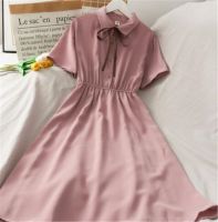 ☽♝ Dress Women Chiffon Bow Solid High Waist Turn-down Collar Preppy Style 2021 Korean Popular Temperament Girls Summer Holiday