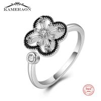 ☇■▬ Kameraon S925 Sterling Silver Zircon Rotating Four Leaf Clover Ring Adjustable Fashion Ring for Women Wedding Gifts 2022