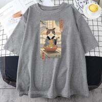 Cat Eating Ramen Ukiyo-E Printing Female/Male Tees Shirts Spring 100% Cotton O-Neck Clothing Fashion T Shirts Men/Women T-Shirts