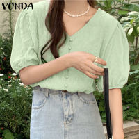 (จัดส่งฟรี)Fancystyle VONDA เสื้อผู้หญิงคอวีแขนพองลำลอง,เสื้อเบลาส์แฟชั่นมีพื้นผิวเสื้อแขนสั้น