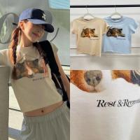 Factory Outlet Spot Real Shot South Korea Rest And Recreation Dog Printed Riri Short -Sleeved Navel Thin T