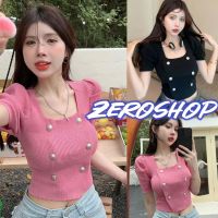 Zero shop?พร้อมส่ง? (Zero-M5317) เสื้อไหมพรมแขนสามสวย คอกลม ดีกระดุมด้านหน้า -C