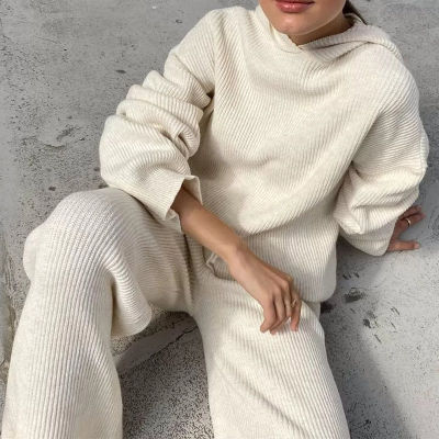 Women Casual Knitted Hooded Suits Long Sleeve Hoodie+Wide Leg Pant Matching Sets Autumn Winter Loungewear Sweater Two Piece Sets