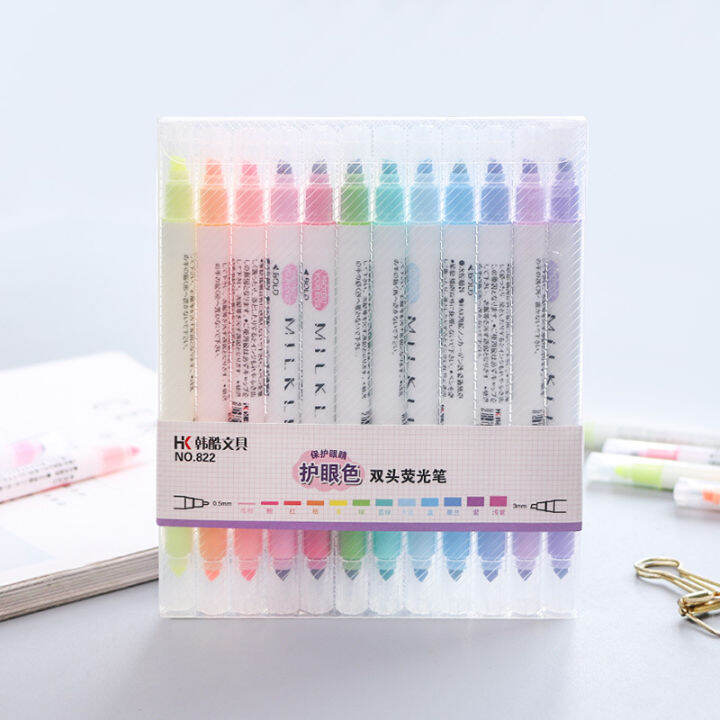 12pclot-high-quality-milkliner-pen-double-headed-mild-liner-highlighter-fluorescent-pen-colored-drawing-marker-pen-japanese-pen