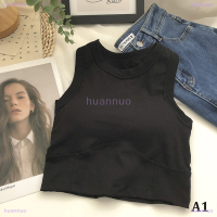 Huannuo เสื้อกล้ามสั้นเว้าหลังสำหรับสีทึบมีแผ่นปิดหน้าอกสวยงามเข้ารูปพอดีชุดชั้นในแบบไม่มีแขนครอปที่หน้าอกสำหรับฤดูร้อน