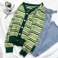 Autumn New Green Knitted Cardigan Retro Slim Heart Top for Women