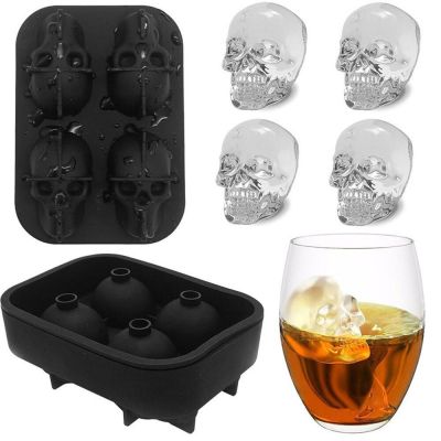 4 Holes Mini 3D Skull Head Ice Cube Tray Mold Silicone Whisky Wine Cooler Ice Block Mould Halloween Party Wine Bar Tools Ice Maker Ice Cream Moulds