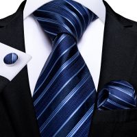 Men 39;s Ties Classic Blue Striped 8cm Silk Necktie Handkerchief Cufflinks Set Business Formal Wedding Tie Gift For Men DiBanGu