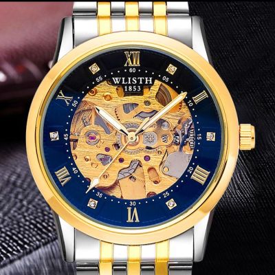 WLISTH Retro Royal Skeleton Diamond Mens  Mechanical Watches Waterproof Luminous Men Auto Winding Belt Wrist Watch Reloj Hombre