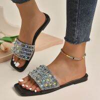 HOT★Plus Size Summers New Rivets Womens Slippers Luxury Rhinestone Designer Flip Flops Ladies Casual Beach Slides Black Flat Shoes