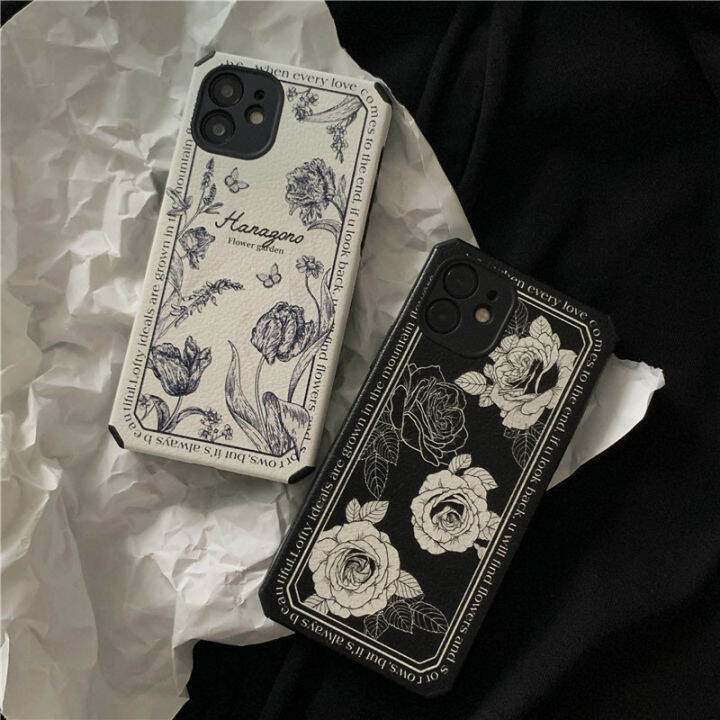 ซองโทรศัพท์ดอกไม้สไตล์ฝรั่งเศสสำหรับ-iphone12-white-rose-phone-case-สำหรับ-iphone13promax-silk-grain-phone-case-สำหรับ-iphone11-ink-drawing-phone-case-สำหรับ-iphone14-pro-white-leather-flower-phone-ca