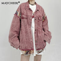 เสื้อสีชมพูแจ็คเก็ตผ้าเดนิมเสื้อแจ็คเก็ตที่หดหู่วินเทจ MAYCHEER แบบหลวมๆ