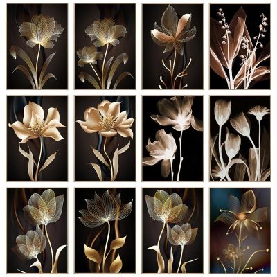 2022 Black Gold Flower Trendy Canvas Paintings Plant Leaves Posters and Prints Wall Art for Living Room Wall Decoration Cuadros