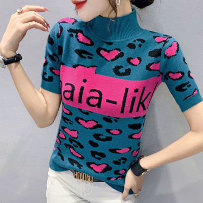 2023 American Style Knitted Short-Sleeved T-shirt Womens Loose Slimming Leopard Print Letter Sweater New Inner Wear Outerwear Top Womens