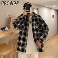 TIDE BEAR เสื้อโค้ทของเสื้อเชิ๊ตชายลายสก็อตแจ็คเก็ตเสื้อเชิ้ตลำลองหลวมหล่อ