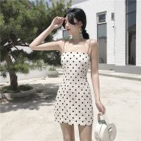 NR111  พร้อมส่ง ชุดสลิงตัดต่ำ Sling dress ลายจุดดำ ราคาถูก *11