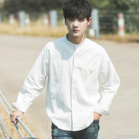 ฤดูใบไม้ร่วงเสื้อเชิ้ตสีขาวนักเรียน เสื้อเชิ้ตลำลอง crewneck casual youth loose Korean version fresh small long sleeve mens shirt green stand collar d0463