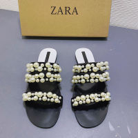 20212020 brand women slippers fashion flat heel black open toe pearl flat slippers female slides outdoor flip-flops beach shoes