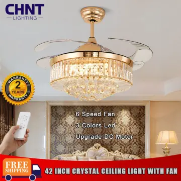 EASYG 42Invisible Ceiling Fan Chandelier with Light,Modern Crystal Ceiling  Fan Light Remote Control 4 Retractable ABS Blades