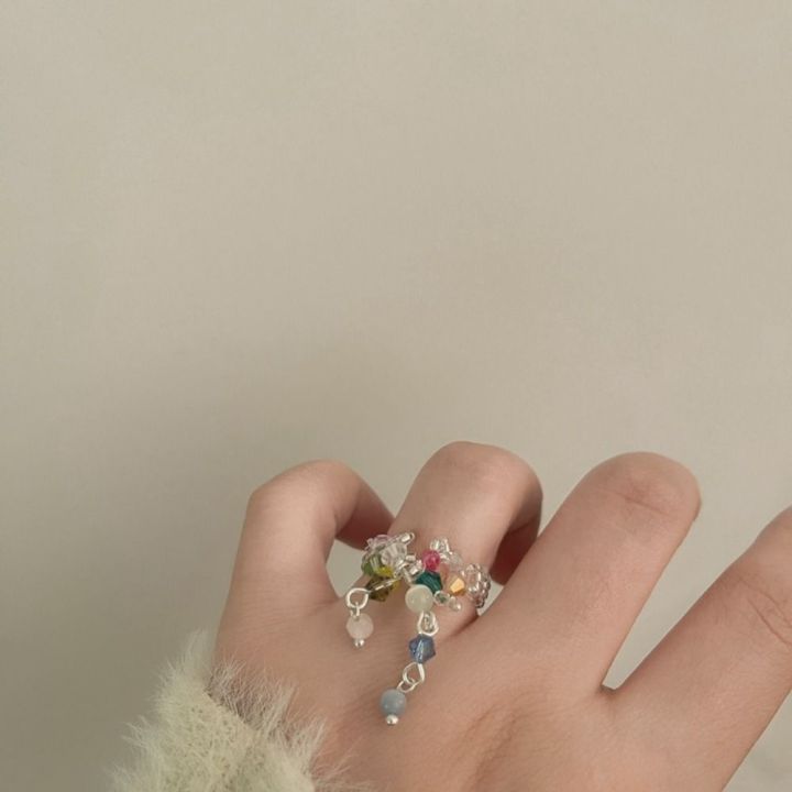 ydsd-แหวนดอกไม้ตุ้งติ้งผู้หญิงเครื่องประดับแหวนวินเทจเกาหลี-y2k-มีสีสันแหวนลูกปัด