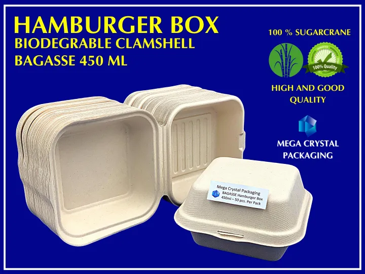 Hamburger Box 450 ml Bagasse Clamshell [ 50 pcs. Per Pack ] | Lazada PH