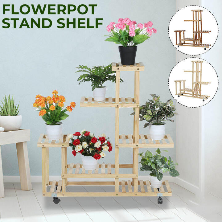 5 Tiers Stand With Wheels Wooden Shelf Plant Flower Pot Bonsai Display