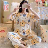 2022 new short-sleeved pajamas ladies summer trouser suits cartoon outer casual home clothes women spring thin models长裤短袖家居服睡衣两件套