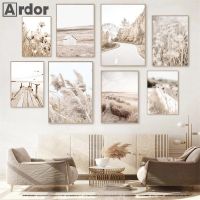 2023☏₪❄ Dried Grass Reed Wall Art Canvas Poster Beige Flower Painting Beach Ocean Bridge Print Landscape Wall Pictures Living Room Decor