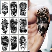 Black Forest Tattoo สติกเกอร์ผู้ชาย Tiger Wolf Death Skull รอยสักชั่วคราว Fake Tattoo สำหรับผู้หญิง Skeleton King Animal BodyTatoo